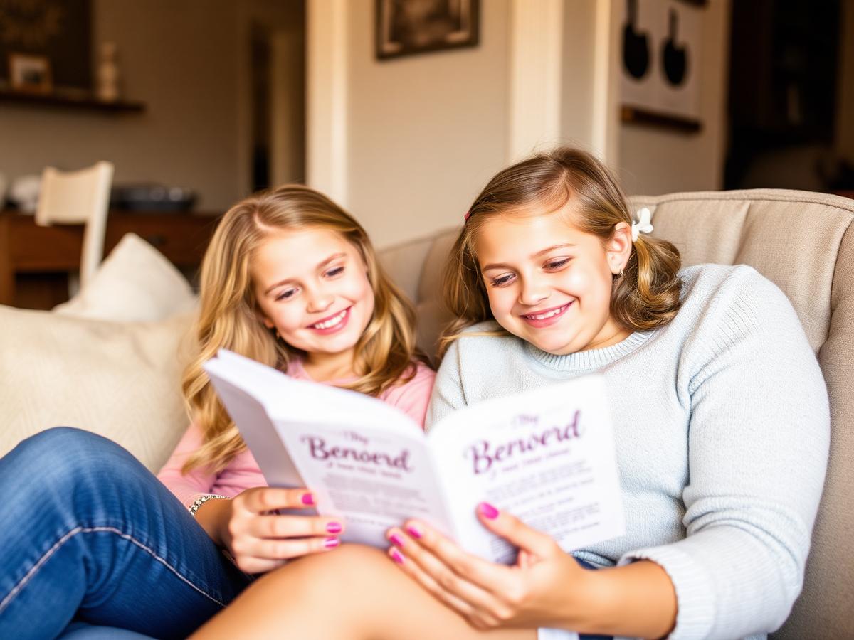 Mãe e filha lendo o devocional juntas no sofá