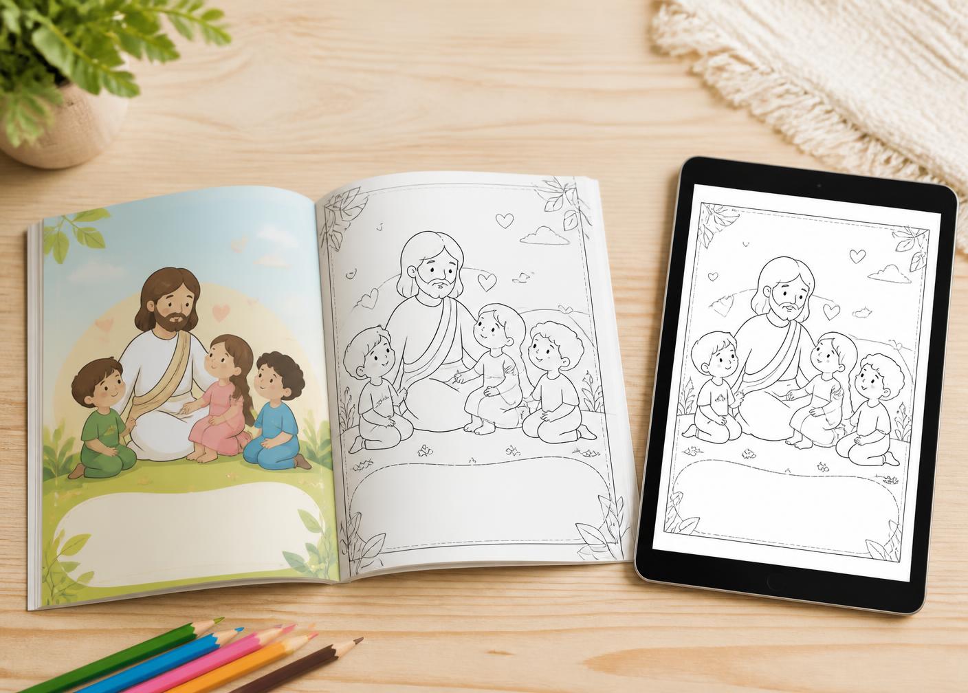 Material impresso aberto sobre a mesa ao lado de lápis de cor e de um tablet exibindo o PDF