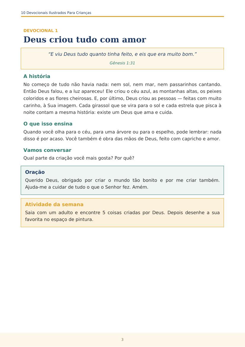 Página do devocional 1 com versículo, história, oração e atividade